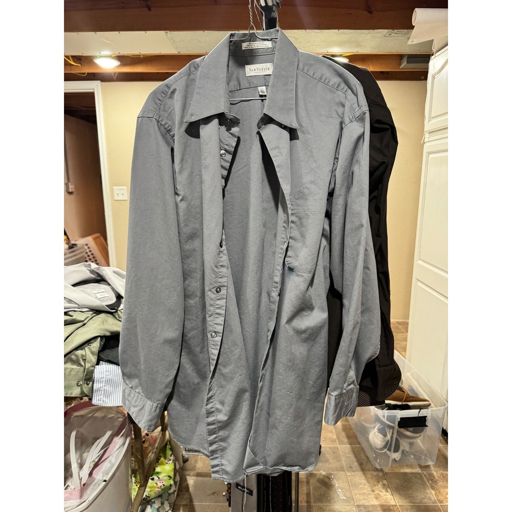 Van‎ Heusen Mens Gray Nailhead Pinpoint Easy Care Button Down Shirt 16.5 32/33 L